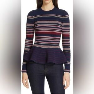 Ted Baker Navy and Burgundy Striped Leytina Peplum Top Size 0 EUC